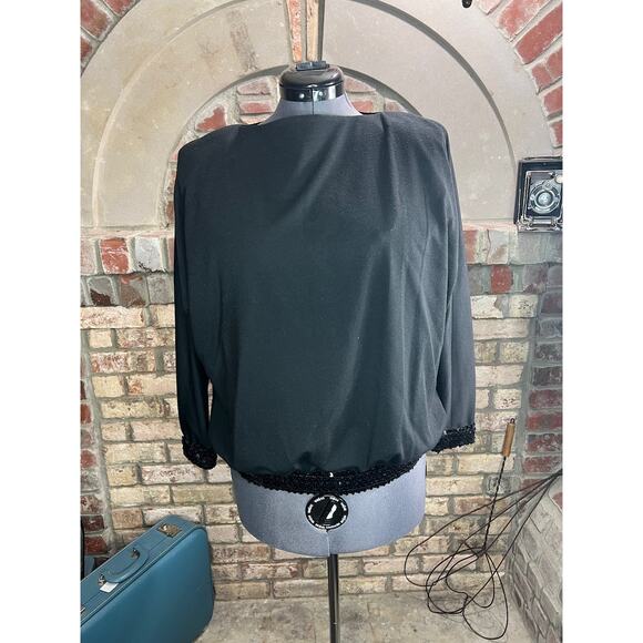 Blouse black sequin hem cuffs shoulder pads 1980s glam - Picture 1 of 8